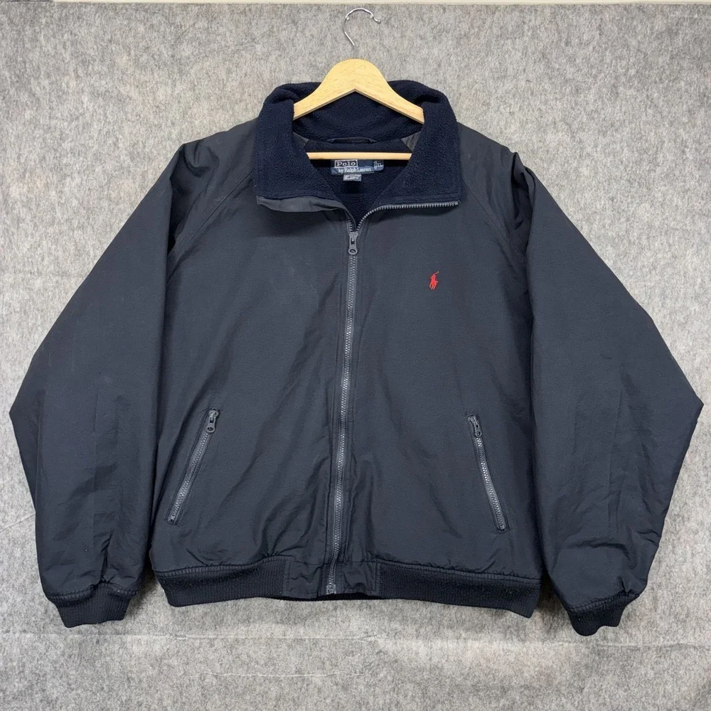 Vintage Polo Ralph Lauren Fleece Lined Jacket Men XL Blue Full Zip Preppy Bomber